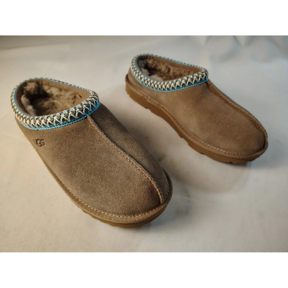 UGG Kids Tasman Chestnut Suede Slip On Slippers Blue Braid Embroidery Shoes 5